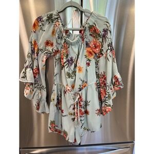 Hint of Blush Floral Romper Women's Medium Green Boho Off Shoulder Bell Sleeve